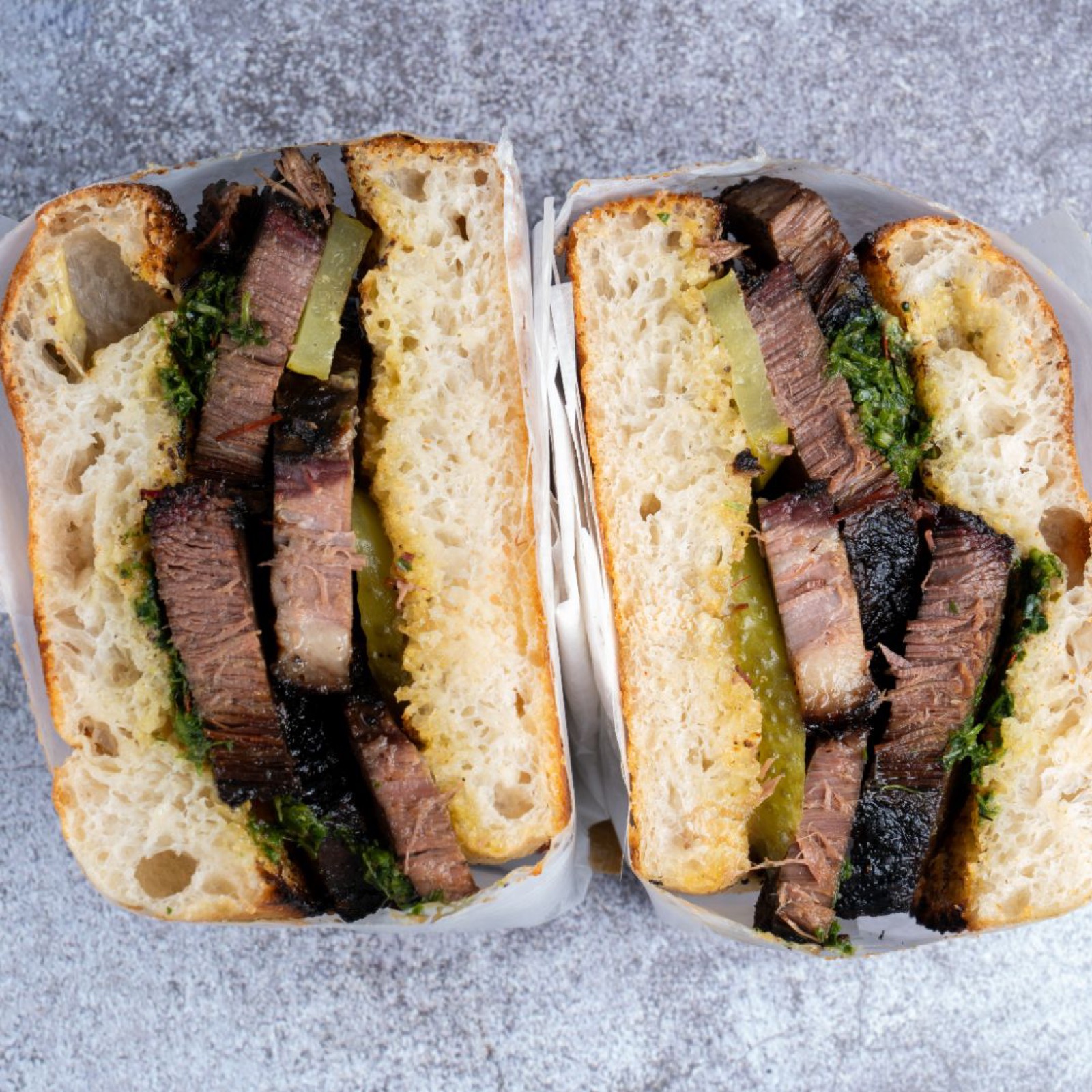 Bada Bing sourdough beef brisket sandwich on 72-hour fermented bread, Dubai Marina